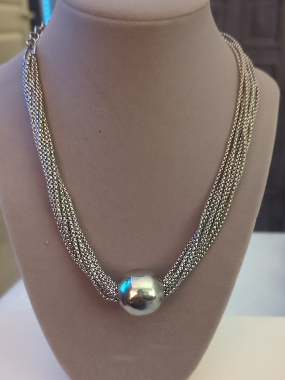 New-Stainless Steel Multi-Strand Chain Necklace with Large Silver Bead